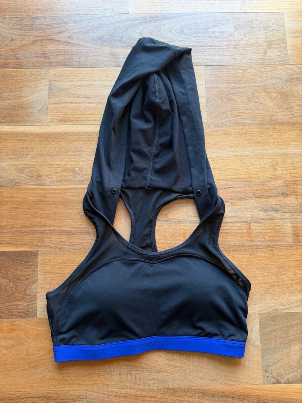 Women’s Black Hooded Sports Bikini Top with Blue Band